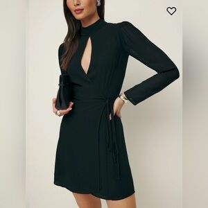 Reformation Ottessa Wrap Dress; Black sheer sleeve mini dress